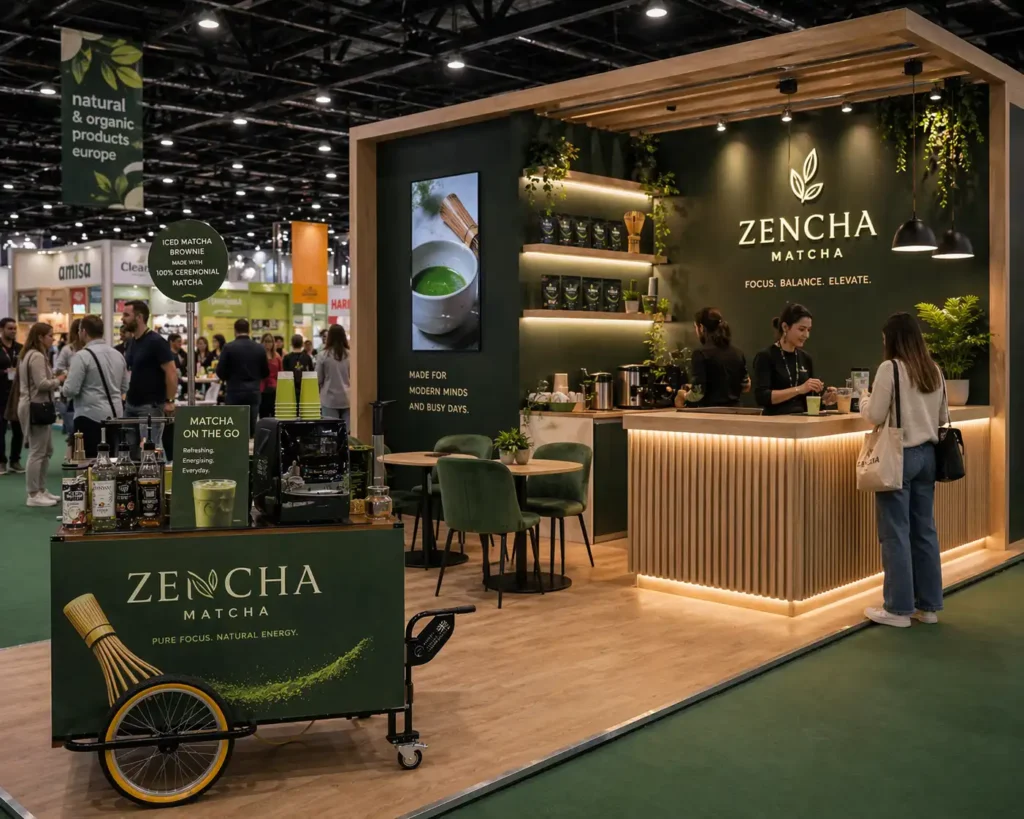 Barista with a matcha cart at exhibition in Paris