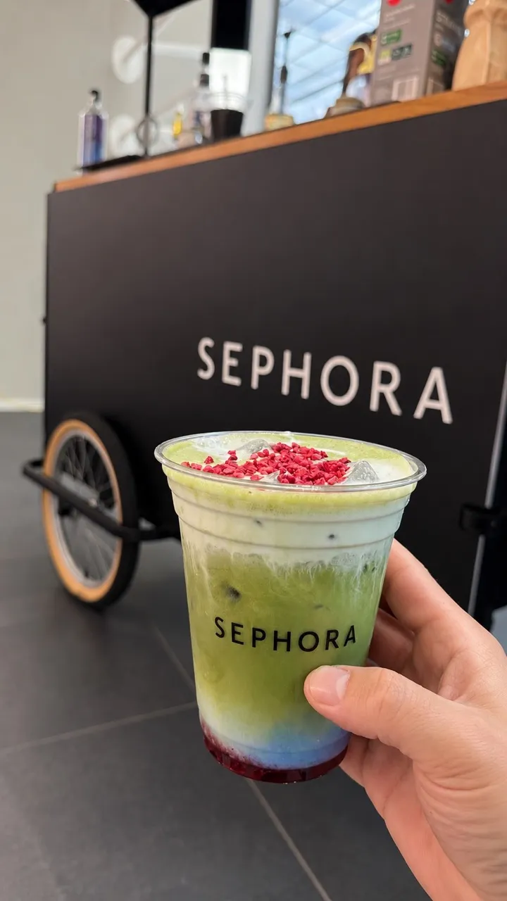Branded Sephora iced matcha activation setup