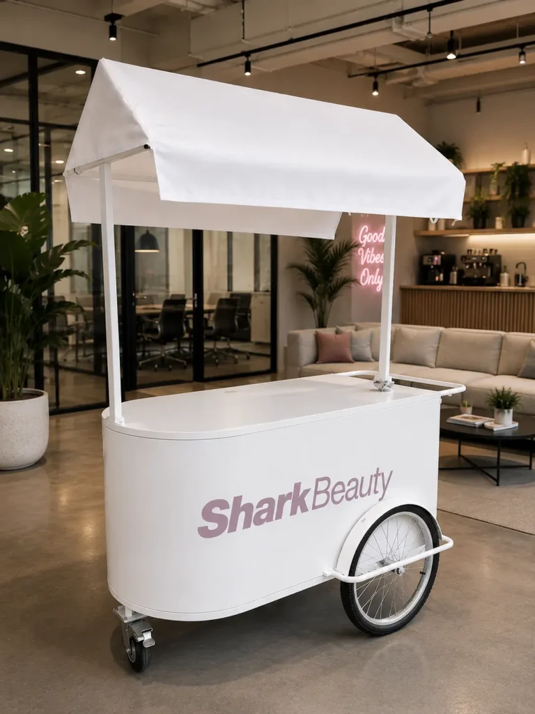 Branded matcha cart setup for a Shark Beauty beauty activation